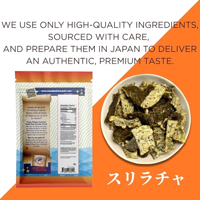 Japanese Tempura Seaweed Chips, Noriten – Sriracha Flavor | 5.29oz | Made in Japan by Swashbuckle Snacks