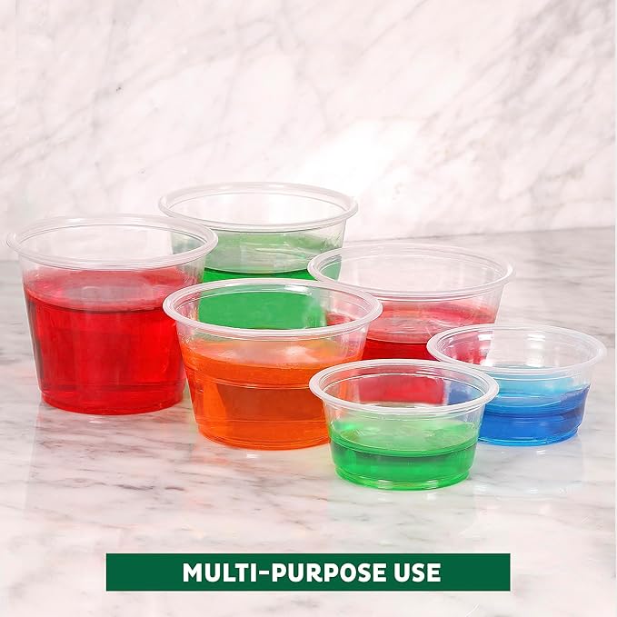 Freshware Plastic Portion Cups with Lids [2 Ounce, 200 Sets] Disposable Plastic Cups for Meal Prep, Salad Dressing, Jellos Shot Cups, Souffle Cups, Condiment and Dipping Sauce Cups