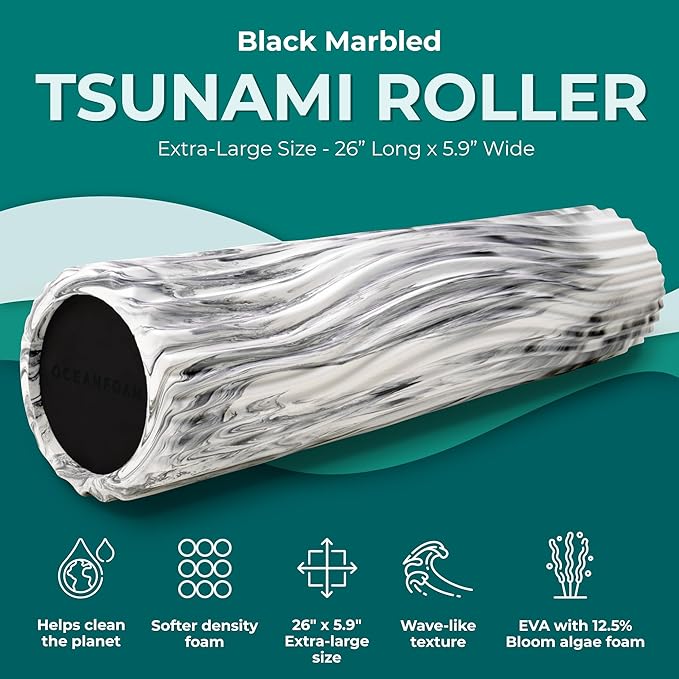 Oceanfoam Tsunami Roller (Black Marbled) - Extra-Large, 26" x 5.9" - Soft, Textured Foam Roller for Physical Therapy, Back Pain, Exercise & Stretching - Wave Textured - Yoga, Athletics, & Wellness