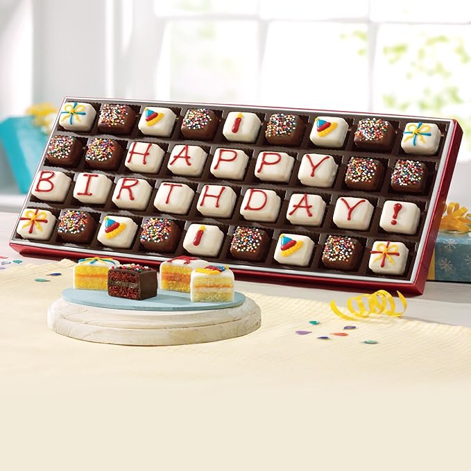 The Swiss Colony Birthday Petits Fours Cake Assortment – Gourmet Mini Layer Cakes in Chocolate, Vanilla, Lemon, and Orange – Hand-Decorated Dessert to Celebrate Special Occasions