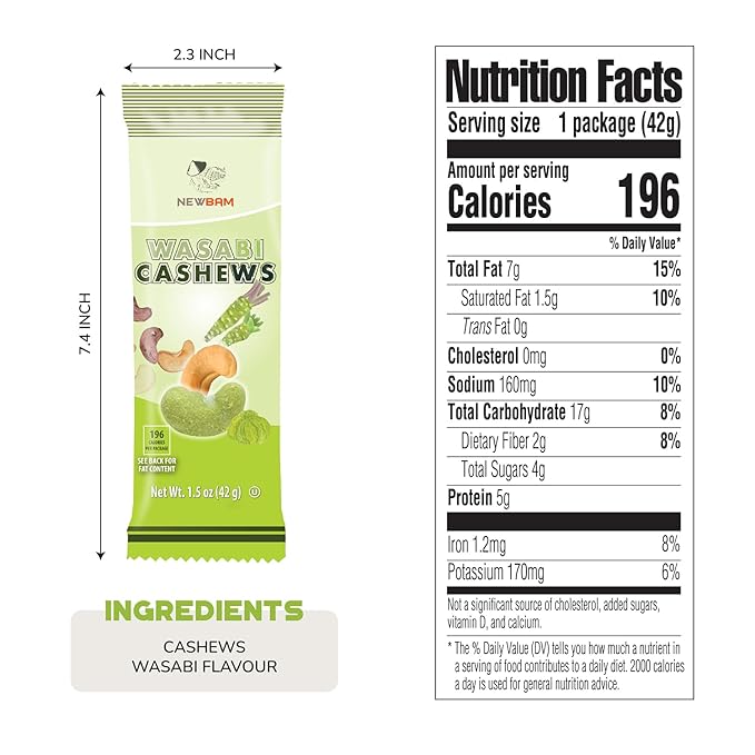 NEWBAM Wasabi Cashews Individual Packs - 12 Cashew Snack Packs Roasted Nuts (1.5oz Each) – Keto, Vegan - Healthy Snacks for Trail Mix, Office, or Party - Bold Flavor, Low Sugar
