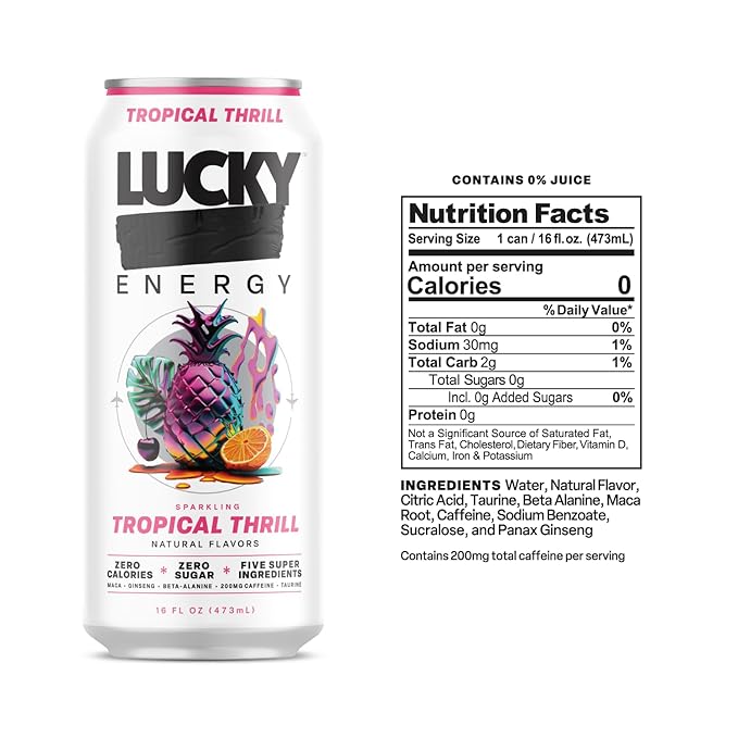 Lucky Energy Sugar Free Energy Drinks, Tropical Thrill, 16oz Cans (12-Pack) Healthy, Zero Sugar Energy Drink with Maca, Ginseng, Beta-Alanine, Taurine & 200mg Caffeine