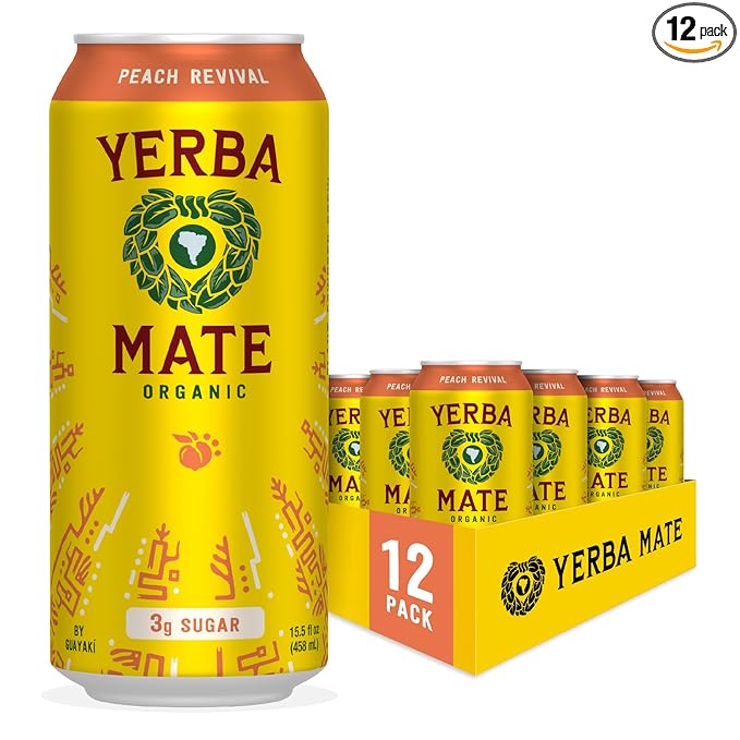Yerba Madre Organic Yerba mate Energy Drink Alternative, Peach Revival, Low Sugar, 150mg Natural Plant Based Caffeine, Smooth Energy & Focus, No Jitters or Crash, 15.5 Oz (Pack of 12), Packaging May Vary