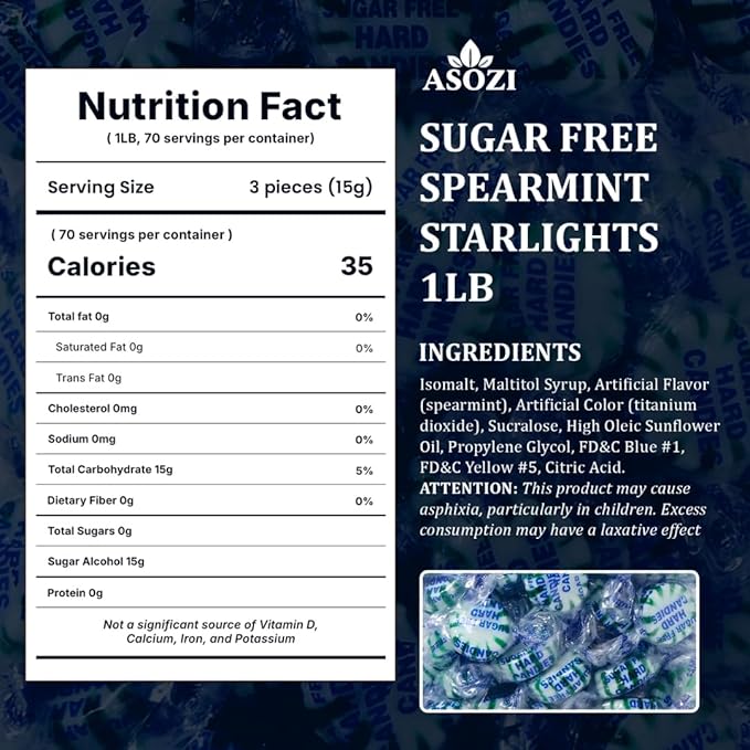 Sugar Free Spearmint Starlights 1 LB – Sugarless Hard Candy Bulk, Guilt-Free Mints for Diabetics, Low-Sugar Diets, Breath Freshening, Refreshing Treats by ASOZI
