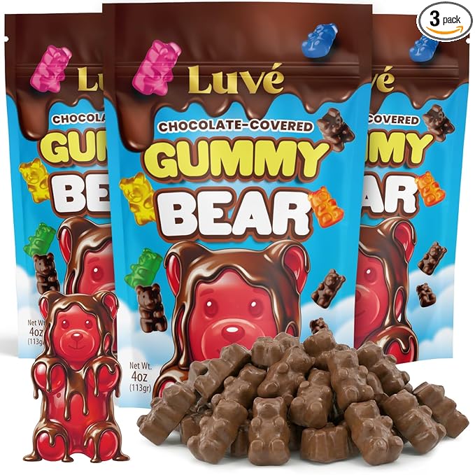 Luve Chocolate Covered Gummy Bears, 3 Packs of Milk Chocolate Gummy Bears 4oz Bags Each, Sweet Bear Chocolates with Perfect Texture in Every Bite, For Kids and Adults