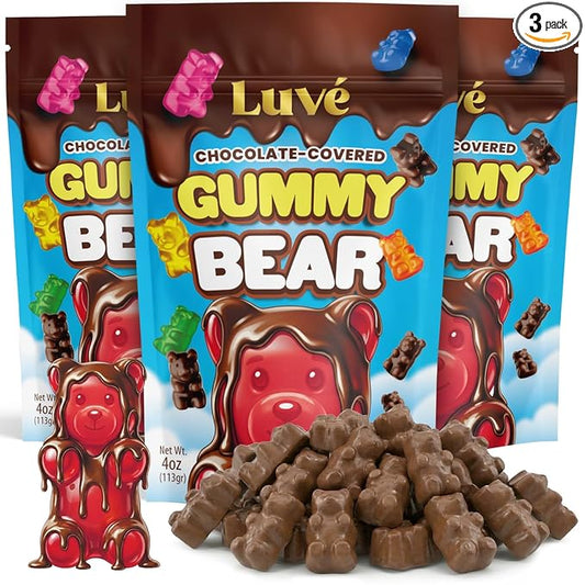 Luve Chocolate Covered Gummy Bears, 3 Packs of Milk Chocolate Gummy Bears 4oz Bags Each, Sweet Bear Chocolates with Perfect Texture in Every Bite, For Kids and Adults