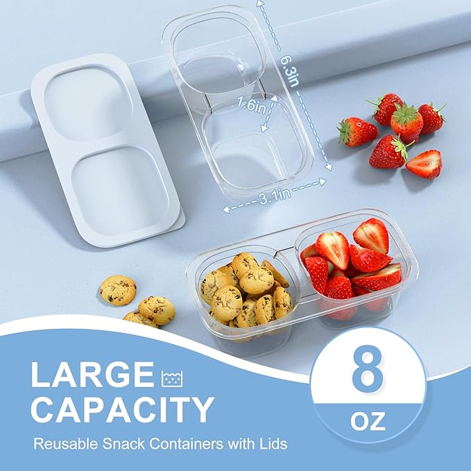 Reusable Snack Containers with Lids for Kids-Light Blue 10 PACK, [UNIQUE DESIGN 2-COMPARTMENT] BPA-Free/Microwave/Dishwasher Safe, Snack Bowls Container for On-the-Go Meals,Camping and Travel