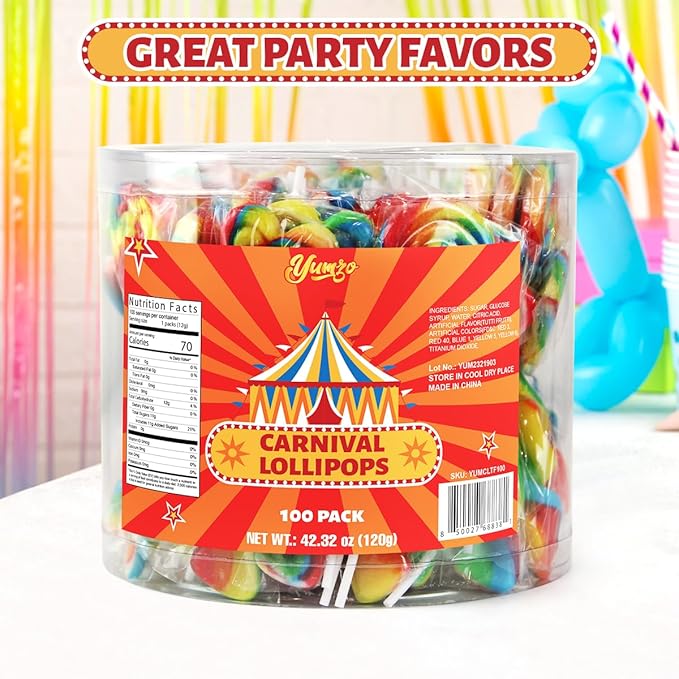 Carnival Lollipops Rainbow Twist, Swirls, and Round Lolly pops Unicorn Party Favors - Individually Wrapped Rainbow Candy Suckers & Lollipops Great for Birthday Parties, Unicorn Pinata, 100 Count