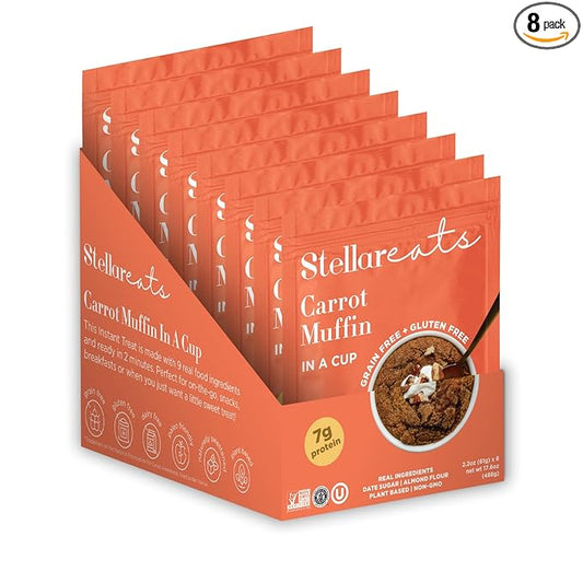 Stellar Eats Grain-Free Carrot Muffin Instant Treat in a Cup | Single-Serve | 7g Protein | Gluten-Free, Dairy-Free, Plant-Based, Paleo-Friendly | Made with 9 Real Ingredients | 8 Pack
