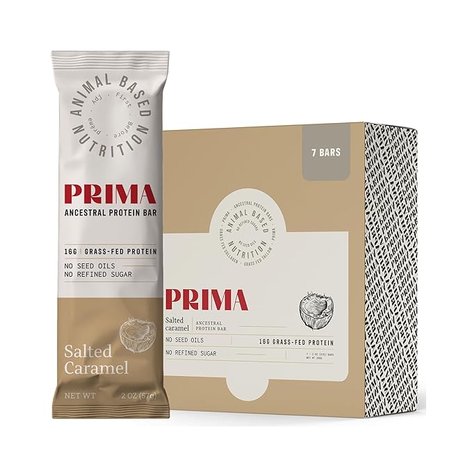 PRIMA ANCESTRAL PROTEIN BAR Grass Fed Protein Bars, 7 Pack – Animal-Based Protein Bar with Beef Tallow, Raw Honey, Seed Oil Free, Low Carb, Gluten-Free – Healthy, Energy Snacks for Clean Lifestyle (7 Pack, Salted Caramel)