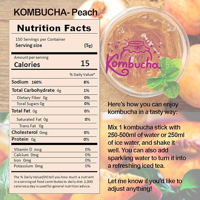 SONGWON Peach Kombucha Powder Sticks - Low Calorie, Naturally Sweetened, Refreshing & Effervescent Drink Mix - Ideal for Fitness, Outdoor Activities & Iced Tea - 30 Sticks (1.76 oz / 50g)