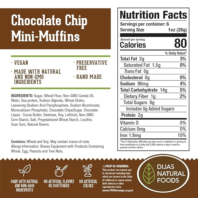 DIJAS Natural Foods Plant-Based 36-Vegan Mini Muffins ONLY $0.97-oz! Natural and Preservative Free Ingredients, Delicious Snack and Breakfast (36 Muffins) (Chocolate Chip)