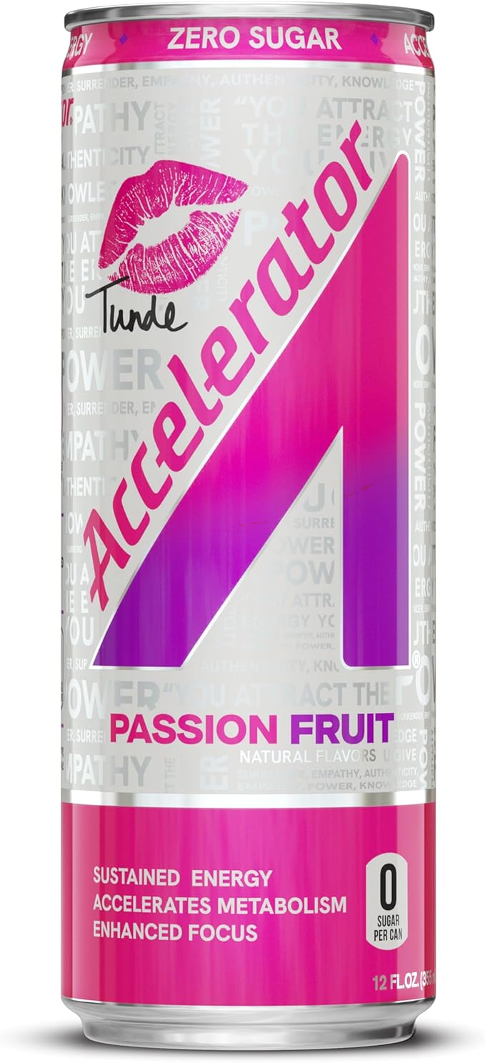 Accelerator Energy Drink, Passion Fruit 12oz can (12 pack), Zero Sugar, Sustained Energy from 100% Natural Caffeine (200mg from Green Coffee Bean & Green Tea extract)