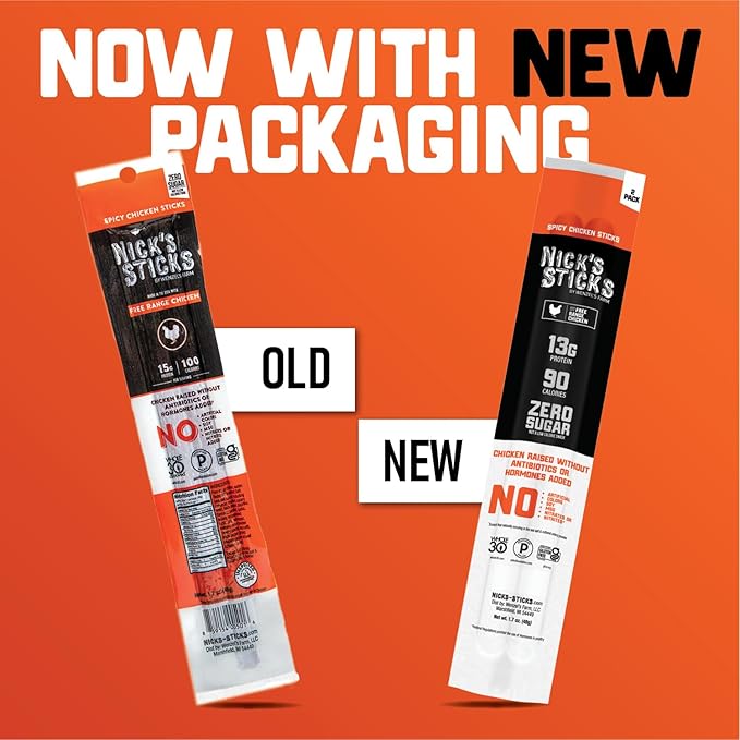 Nick's Sticks Spicy Free Range Clean & Balanced Chicken Snack Sticks | Made in the USA | Gluten Free | Paleo | Keto | Whole30 Approved | No Soy, Antibiotics or Hormones (12 – 1.7oz. Packages of 2 Sticks)