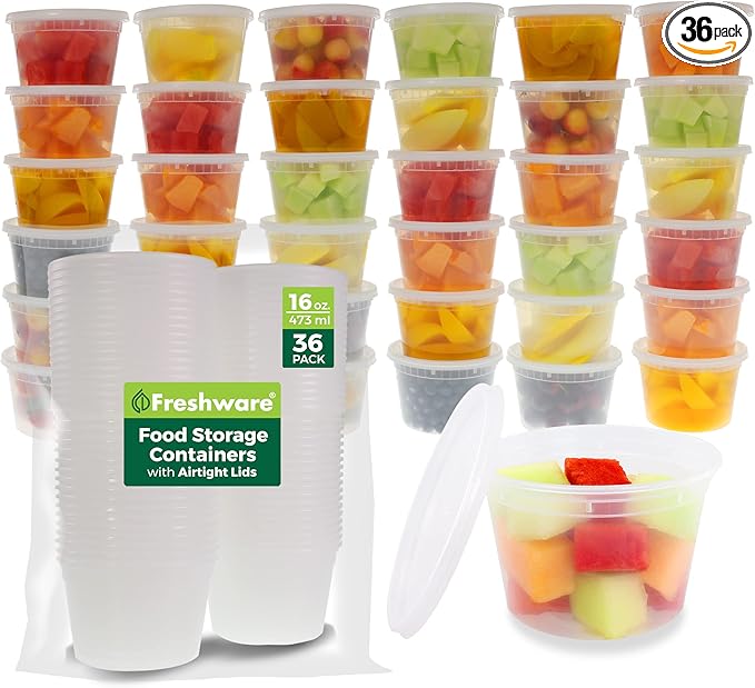 Freshware Food Storage Containers [36 Set] 16 oz Plastic Deli Containers with Lids, Slime, Soup, Meal Prep Containers | BPA Free | Stackable | Leakproof | Microwave/Dishwasher/Freezer Safe