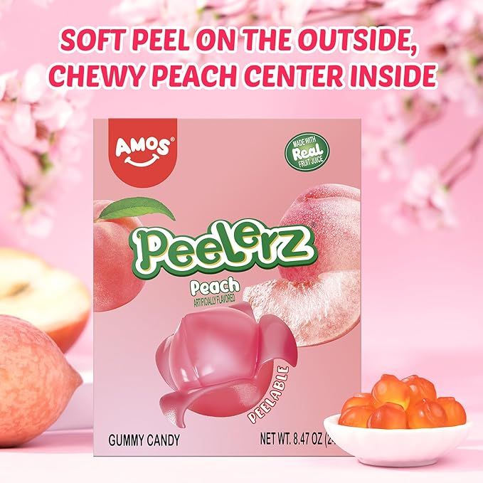 AMOS Peelerz Gummy Peach Candy, Peelable Fruit-Shaped Candy, 8.47oz Box with 10 Individual Packs – Fun Peeling Gummy Snack Made with Real Juice