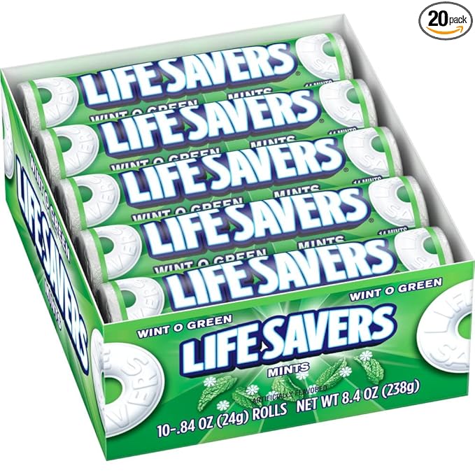 LIFE SAVERS Mints Wint-O-Green Hard Candy Bulk Mints, Hard Candies, Individually Wrapped Single Rolls, .84 Ounce, 20 Count Box