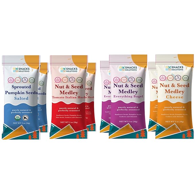 Snacks Solutions Nut and Seed Medley (2 oz - Pack of 8, Variety Pack) Natural and Perfectly Seasoned, Sunflower Seeds, Pumpkin seeds, Cashews and Almonds, Kosher and Gluten Free
