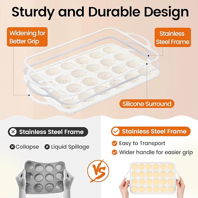 Fimary Silicone Muffin Pans With Metal Reinforced Frame - 24 Cups Durable Silicone Baking Pan for Muffins, Cupcakes, BPA Free and Dishwasher Safe - Beige with Rainbow Spots, Set of 2