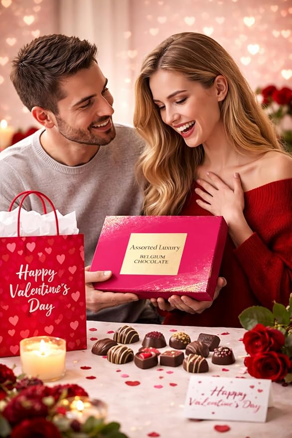 Valentine’s Day Chocolate Gift Box – Assorted Luxury Belgian Chocolates – Ready-to-Gift with Valentine Bag & Card – Premium Valentine Gift for Him or Her