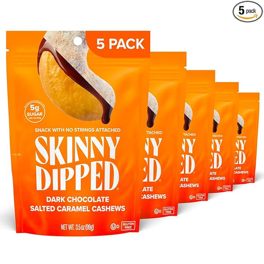 SkinnyDipped Salted Caramel Cashews, Healthy Snack, Plant Protein, Gluten Free, 3.5oz Resealable Bags, Pack of 5