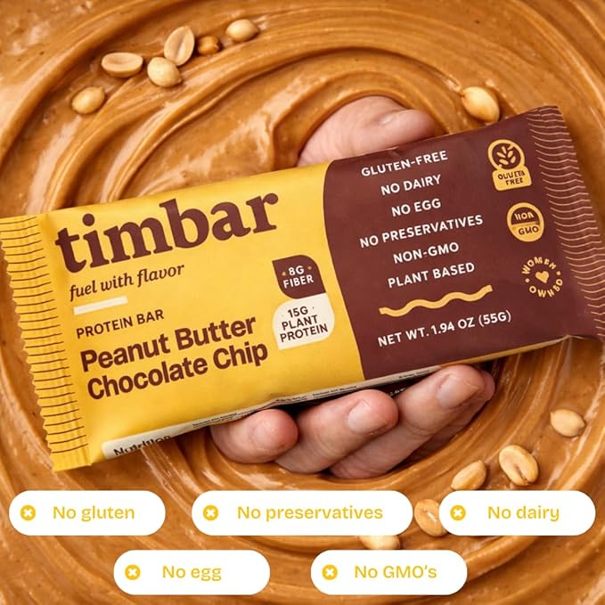 timbar Plant-Based Protein Bars, Peanut Butter Chocolate Chip | 15g Plant Protein, 8g Prebiotic Fiber | Gluten & Dairy Free, Non-GMO, No Sugar Alcohols (Pack of 12)