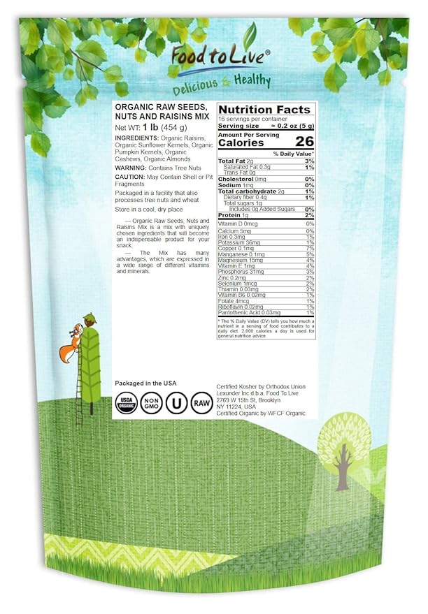 Organic Raw Seeds, Nuts and Raisins Mix, 1 Pound - Raw and Non-GMO Trail Mix Contains Walnuts, Almonds, Cashews, Hazelnuts, and Raisins. Vegan Superfood Snack, Kosher, No Added Sugar and Oil, Bulk
