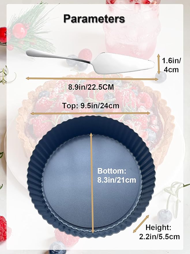 Yamteck 9.5*2.2 Inch Deep Tart Pan w/ Pie Cake Server. Removable Bottom, Non-Stick Coating, Rugged Carbon Steel for Tart Quiche Baking. Gift for Women Wife Christmas Thanksgiving Party Festival Family