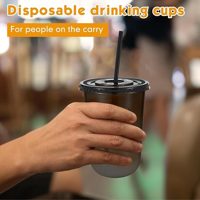 Ziliny 50 Sets Clear Plastic Cups with Lids and Straws, Disposable Iced Coffee Cups Drinking PET for Cold Drinks, Juice, Smoothie, Coffee Shops, Party, Christmas(Black,16 oz)