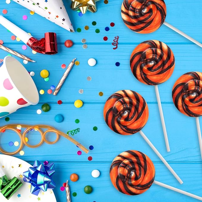 Orange and Black Swirl Lollipops, Pack of 24 Pieces Suckers Individually wrapped, Ideal Lollipops Bulk Supply for Candy Buffets and Trick or Treat Bags, Vibrant Swirl Suckers for Easy Sharing