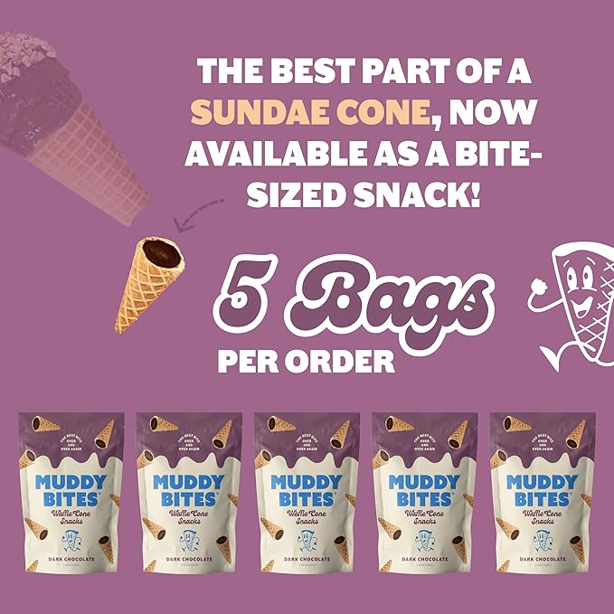 Muddy Bites Waffle Cone Snacks Bite Sized Chocolate Filled Waffle Cones for Snack or Dessert, Ice Cream Topping, Premium Chocolate made with Pure Cane Sugar, Kosher (Dark Chocolate, 5 Bags)