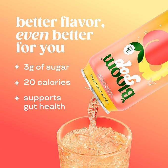 Bloom Pop Prebiotic Soda 12 Pack, Peach Pineapple, 12oz Cans | Prebiotic Soda for Gut Health, Low Calorie Soda, No Caffeine, Healthy Soft Drink Alternative