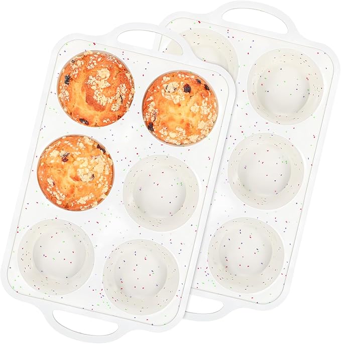 Fimary Silicone Jumbo Muffin Pan with Metal Frame, Non Stick Food Grade Silicone Large Muffin Pan Set of 2, with Handles 6 Cup,BPA-Free and Dishwasher Safe, Jumbo Cupcake Pans