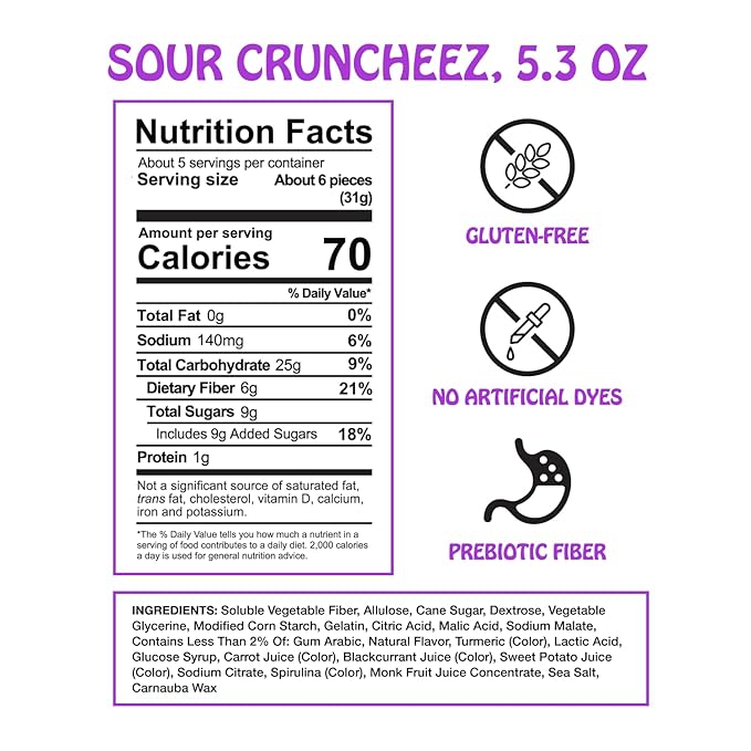 Rotten Sour Gummy Cruncheez - Low Sugar, Low Calorie, 5g Gut-Friendly Prebiotic Fiber, Gluten Free Candy, No Artificial Dyes - 5.3 oz Share Pack [4 Pack]
