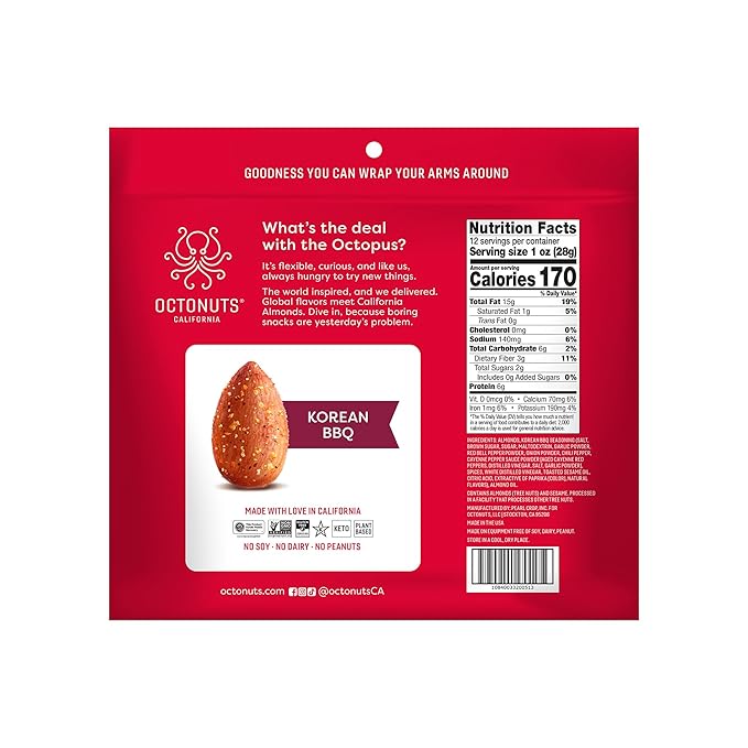 Octonuts Korean BBQ Almonds – 12 Individually Wrapped Snack Packs (1oz Each), Healthy Snacks for Adults and Kids, Non-GMO, Keto and Gluten-Free, Roasted in Cold Pressed Olive Oil