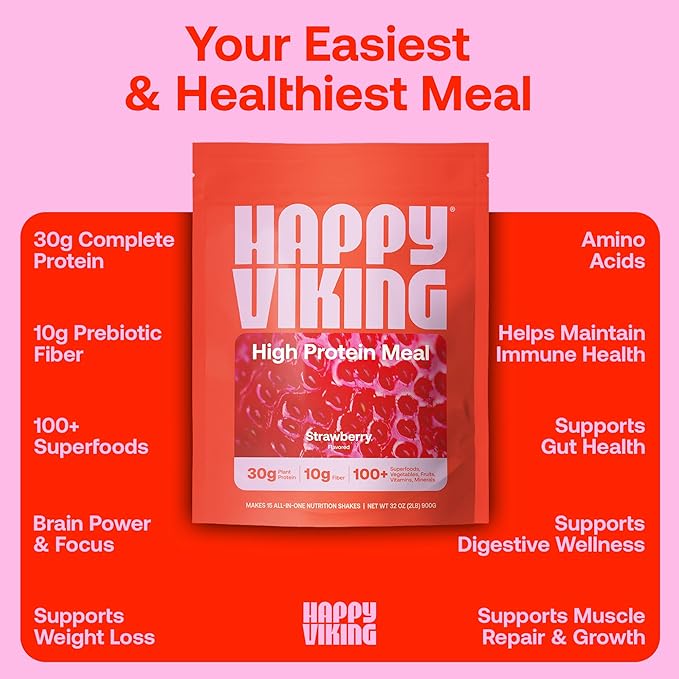 Happy Viking Strawberry Protein + Superfoods Powder, Created by Venus Williams, 30G Protein, Low Carb, Keto, Vegan, Gluten-Free, Non-GMO, Complete Meal Replacement, 1 Bag