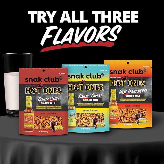 Snak Club x Hot Ones Hot Habanero Snack Mix, Spicy Snacks with Peanuts, Pretzels, Sesame Sticks, Toasted Corn & Cashews, Inspired by Hot Ones Hot Sauce, 10 oz Bag