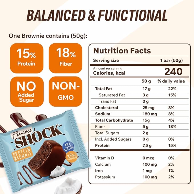 FitnesSHOCK Chocolate Brownie without Added Sugar, 15% Protein, satiating dietary fibre, Soft Texture, 10 Pieces, 50g - Coconut