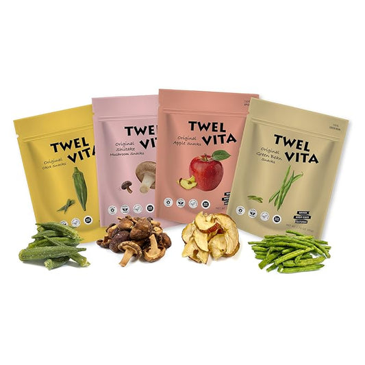TWEL VITA Natural Mixed Veggie & Fruit Crisps, 4-Pack (1.76 oz Each) | Okra, Shiitake Mushroom, Green Bean & Fuji Apple | Vegan, Clean Label, Non-GMO, Gluten-Free, Paleo & Keto Friendly Snack Variety Pack