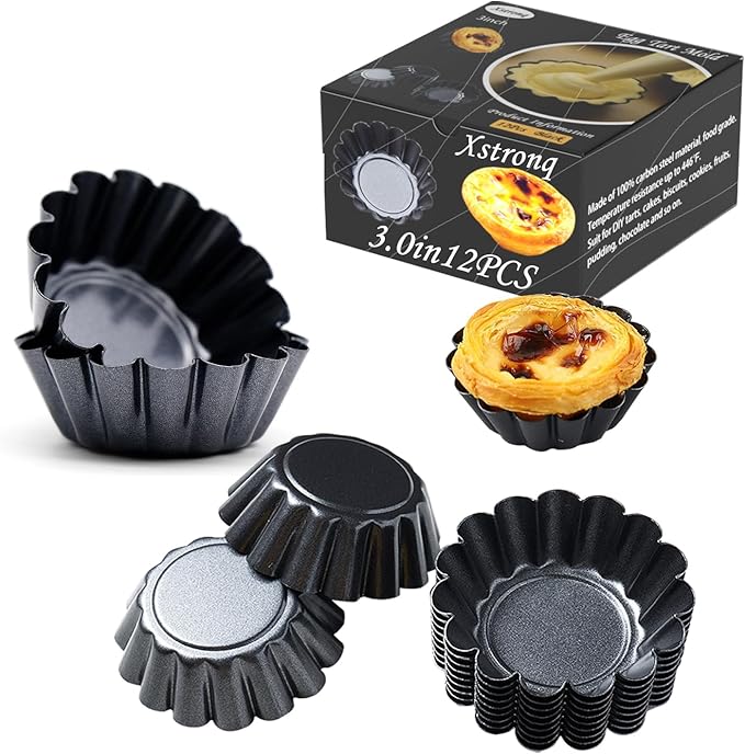 Xstronq Egg Tart Molds 12PCS Tart Pan 3inch, Mini Carbon Steel Non Stick Tart Pans, Tart Molds For Baking (3 inch)