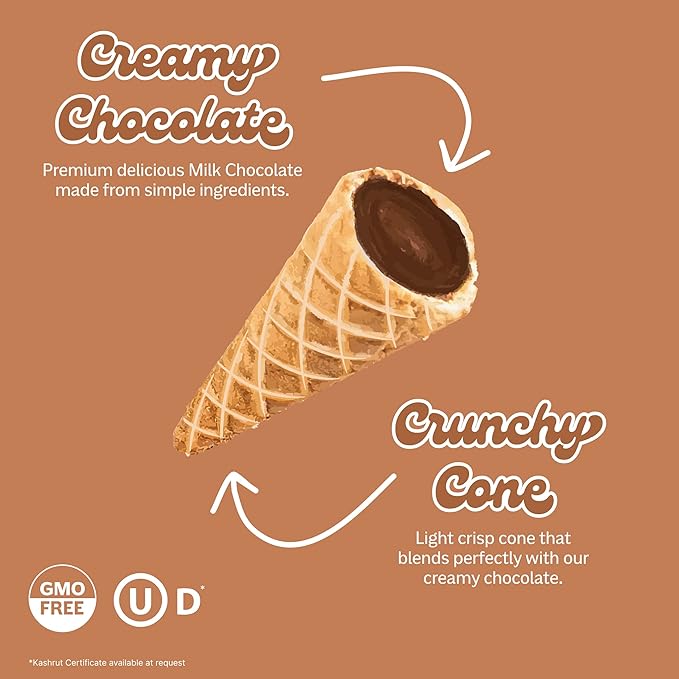 Muddy Bites Waffle Cone Snacks Bite Sized Chocolate Filled Waffle Cones for Snack or Dessert, Ice Cream Topping, Premium Chocolate made with Pure Cane Sugar, Kosher (Milk Chocolate, 5 Bags)
