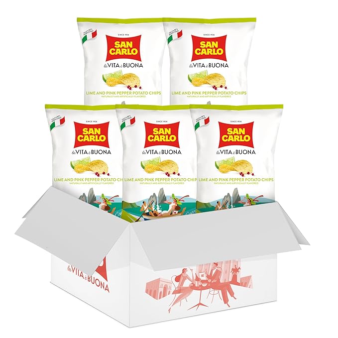 San Carlo Multi Pack 5X Lime&Pink Pepper n°1 Italian Potato Chips - 150gr - for Snacking Bliss