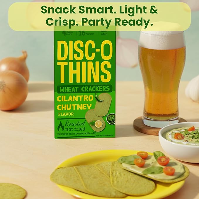 Disc-O Thins Whole Wheat Crackers - Crunchy Roasted Snack, High-Fiber & Low-Fat On-the-go Snack Chips, 96pcs (Cilantro Mint Chutney) - Vegan Healthy Travel Snack, Non-GMO - Great with Spicy Dips, Salsa or Beer