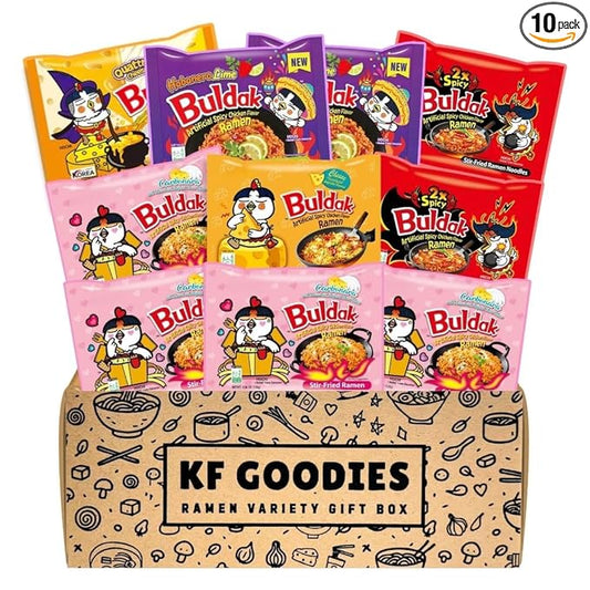 KF GOODIES Korean Ramen Variety Pack Gift Box (10 Count) – Spicy Buldak Noodle Assortment for Birthdays, College Care Packages, Office Snacks, and Gift Baskets