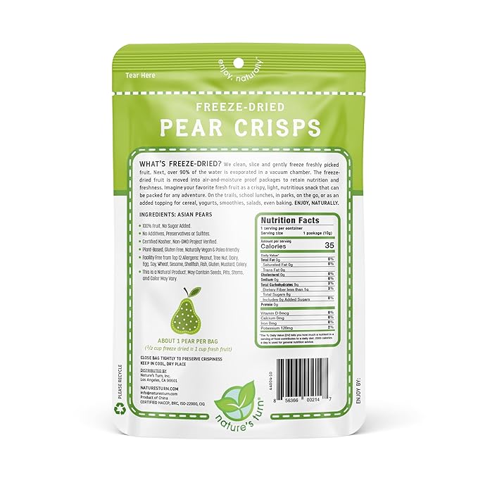 Nature’s Turn Freeze-Dried Pear Crisps – Healthy, Gluten-Free, Crispy & Delicious, Plant-Based Snack, Ideal for Cereal, Smoothies, School Lunches, & On-the-Go, Bags of 24 (0.35 oz Each)