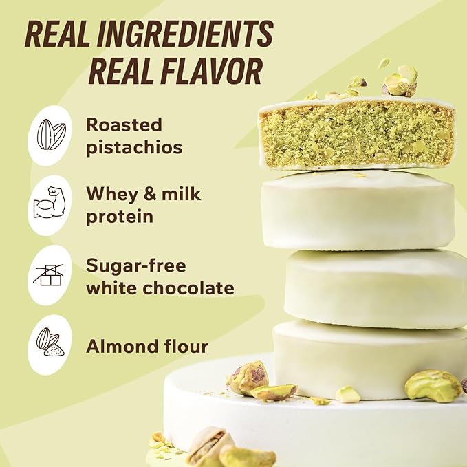 FitnesSHOCK Protein Brownie White Chocolate, No Added Sugar, 15%/7,5g Protein, 233kcal, Pre/Post Workout Snack - No Palm Oil, Filling dietary fibre, Soft Texture, 10x50g - Pistashio flavour
