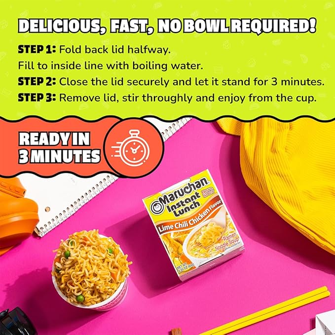 Maruchan Instant Lunch Ramen Noodles, Lime Chili Chicken Flavor – Japanese-Style Instant Noodle Soup, Quick & Easy Meal – 2.25 Oz Cup, Pack of 12