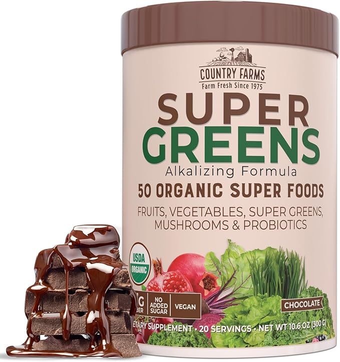 Country Farms Organic Super Greens Chocolate Flavor, 50 Organic Super Foods, USDA Organic Drink Mix, Packed with Fiber, Fruits, Vegetables, Mushrooms & Probiotics, Supports Energy, 7g Fiber