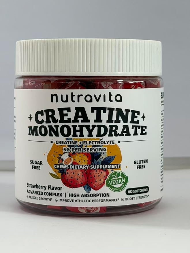 NUTRAVITA Creatine Monohydrate Chews (5g) – Pre-Workout Energy & Muscle Growth Support for Men & Women | Strawberry Electrolyte Gummies (60 Count)