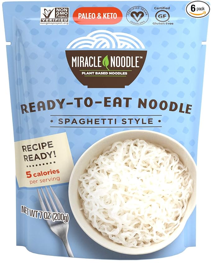 Miracle Noodle Ready to Eat Spaghetti Pasta, 7 Oz (Pack of 6), Plant Based Shirataki Konjac Noodles, 5 Calories, 1g Net Carbs Per Serving, Keto, Gluten-Free
